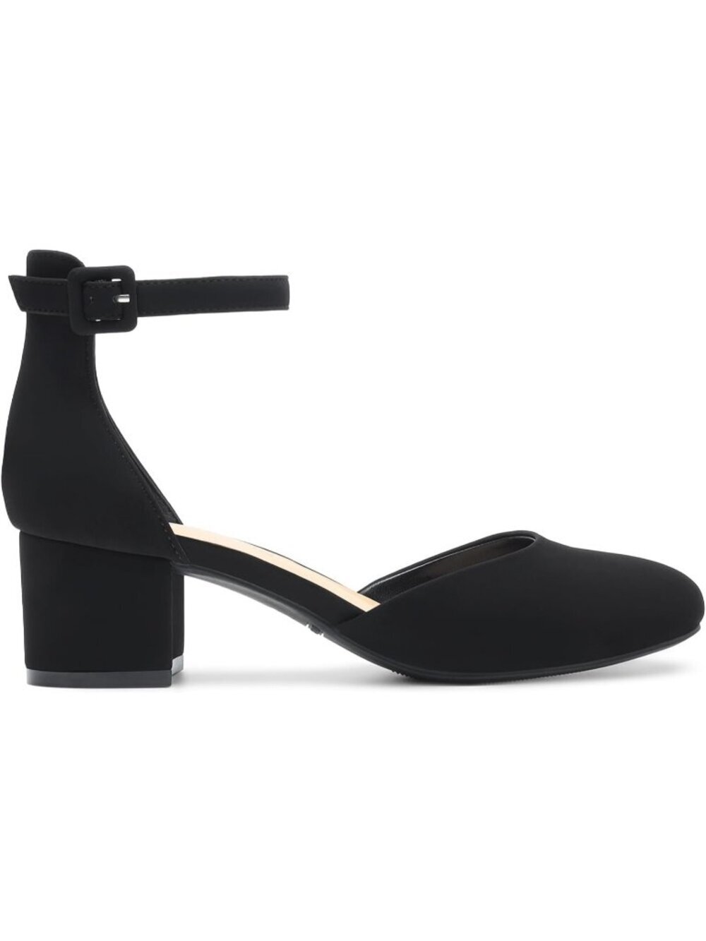 Women's Black Nubuck Closed Round Toe Ankle Strap Low Chunky Block Heels Pumps - Picture 3 of 6